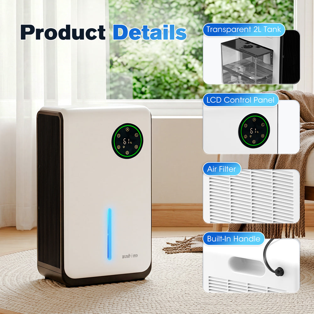 ZUNI 2L Air Dehumidifier 500-1000ml/day for Living Room up to 50m²