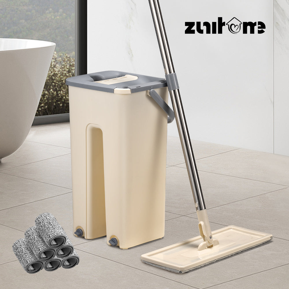 ZUNI Flat Mop and Bucket Floor Mop Cleaner Set Wet Dry w/ 6 Heads - Sunyee