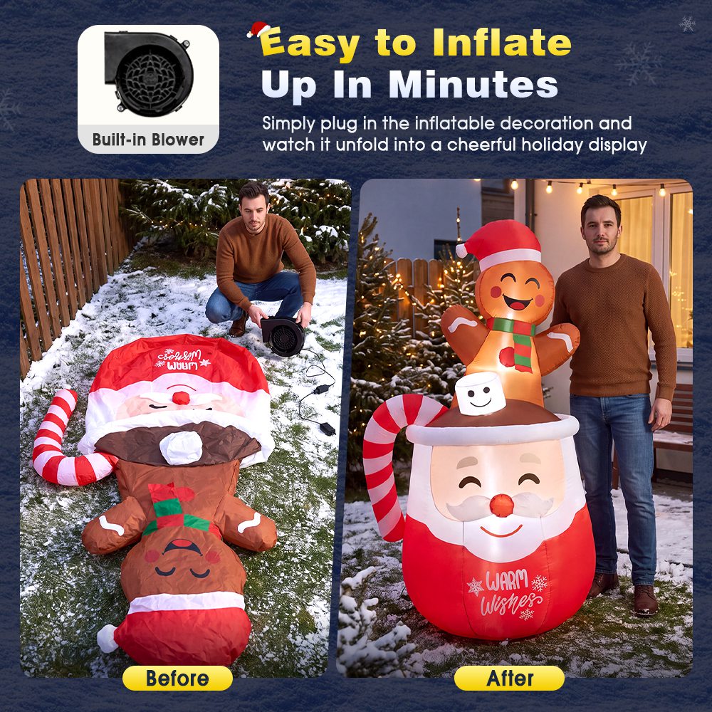 ZUNI Christmas Inflatable 1.8M Gingerbread Man in Hot Cocoa Mug LED Lights