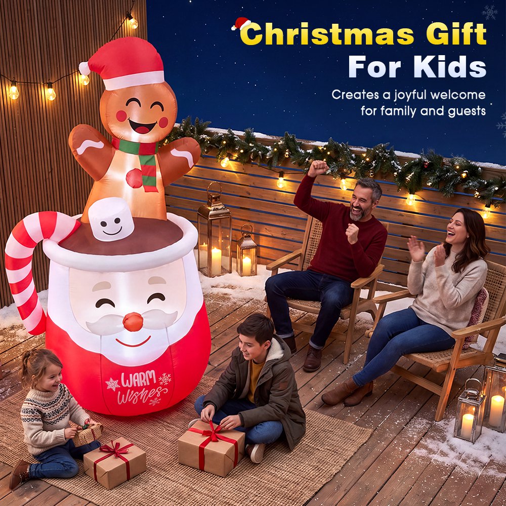 ZUNI Christmas Inflatable 1.8M Gingerbread Man in Hot Cocoa Mug LED Lights