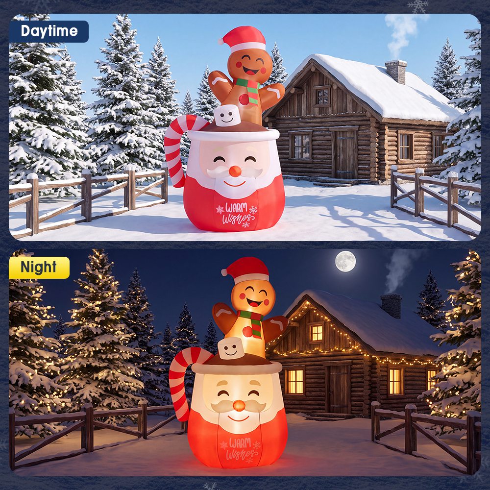 ZUNI Christmas Inflatable 1.8M Gingerbread Man in Hot Cocoa Mug LED Lights