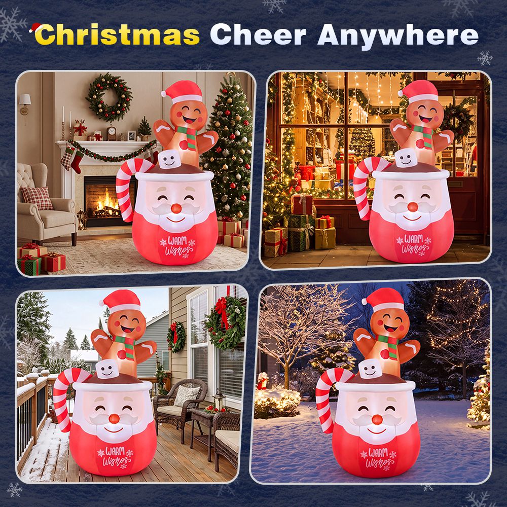 ZUNI Christmas Inflatable 1.8M Gingerbread Man in Hot Cocoa Mug LED Lights