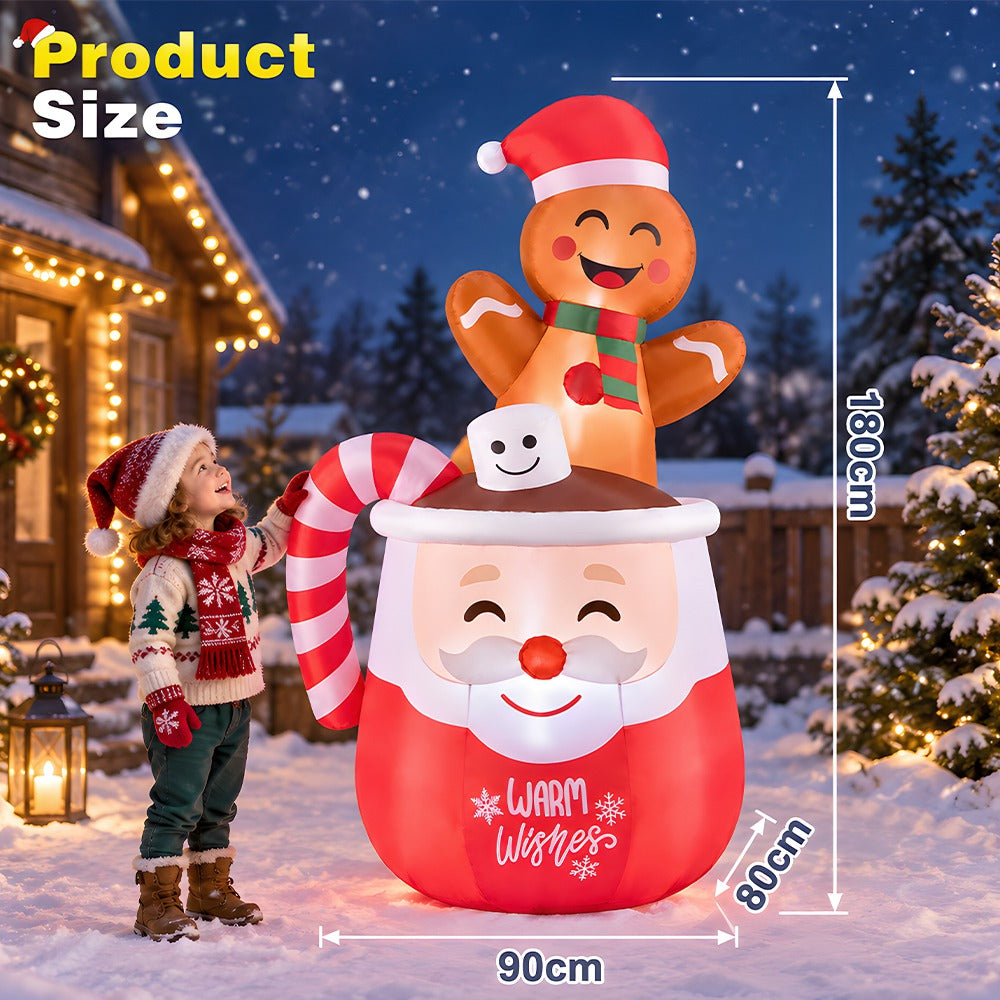 ZUNI Christmas Inflatable 1.8M Gingerbread Man in Hot Cocoa Mug LED Lights