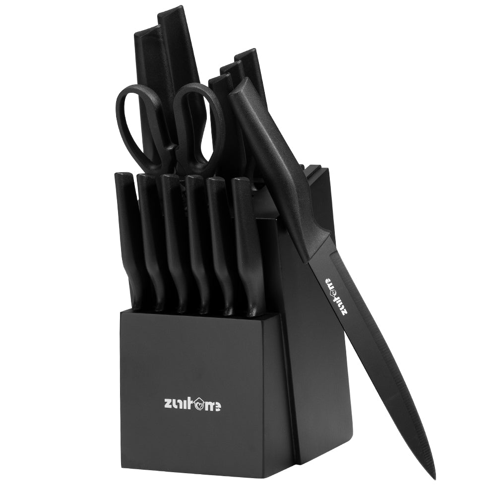 ZUNI 15PCS Kitchen Knife Set Stainless Steel Chef Knives w/ Block & Sharpener - Sunyee
