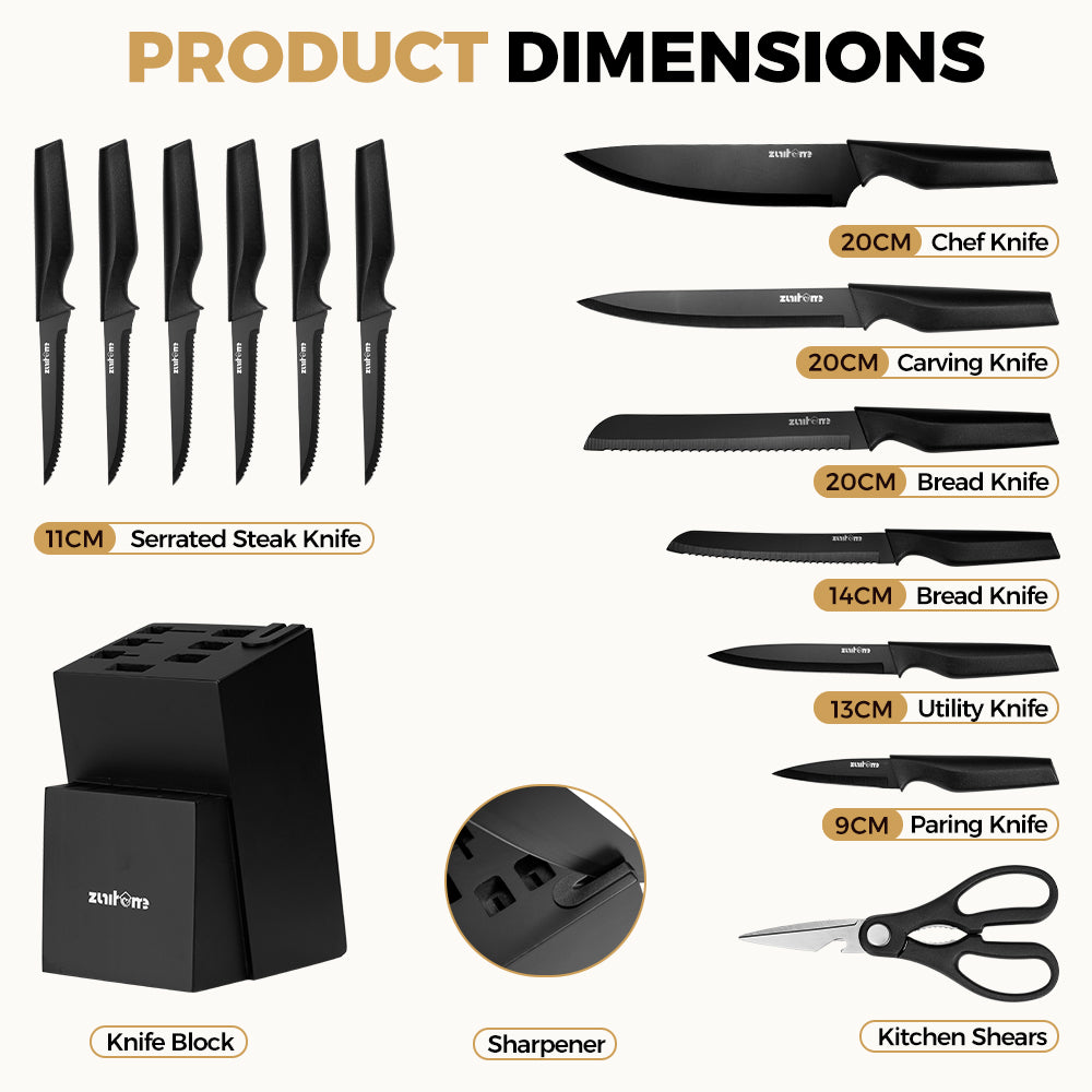 ZUNI 15PCS Kitchen Knife Set Stainless Steel Chef Knives w/ Block & Sharpener - Sunyee