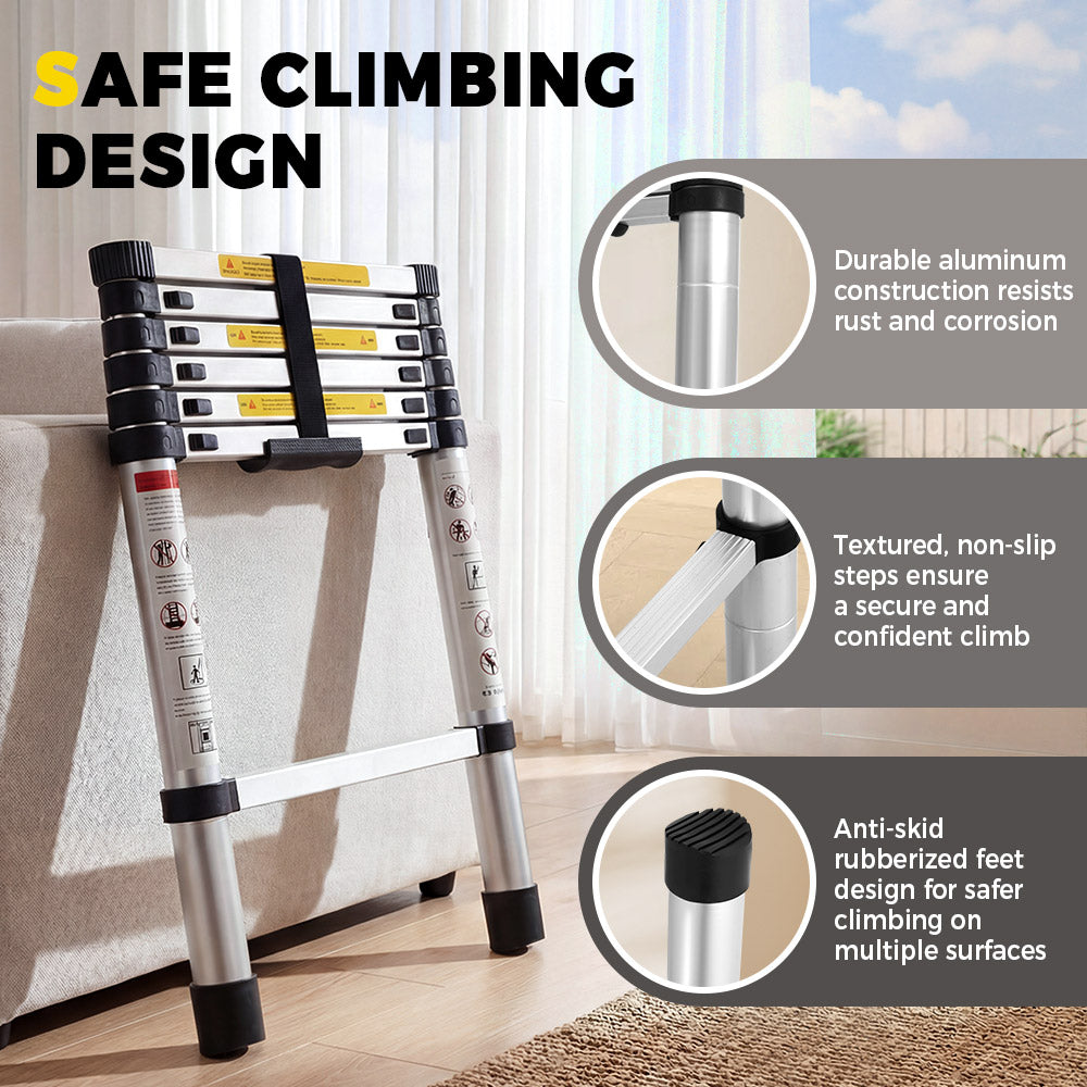 ZUNI 2/2.6/3.2/3.8M Telescopic Aluminium Ladder 150kg Load for Home& Work - Sunyee