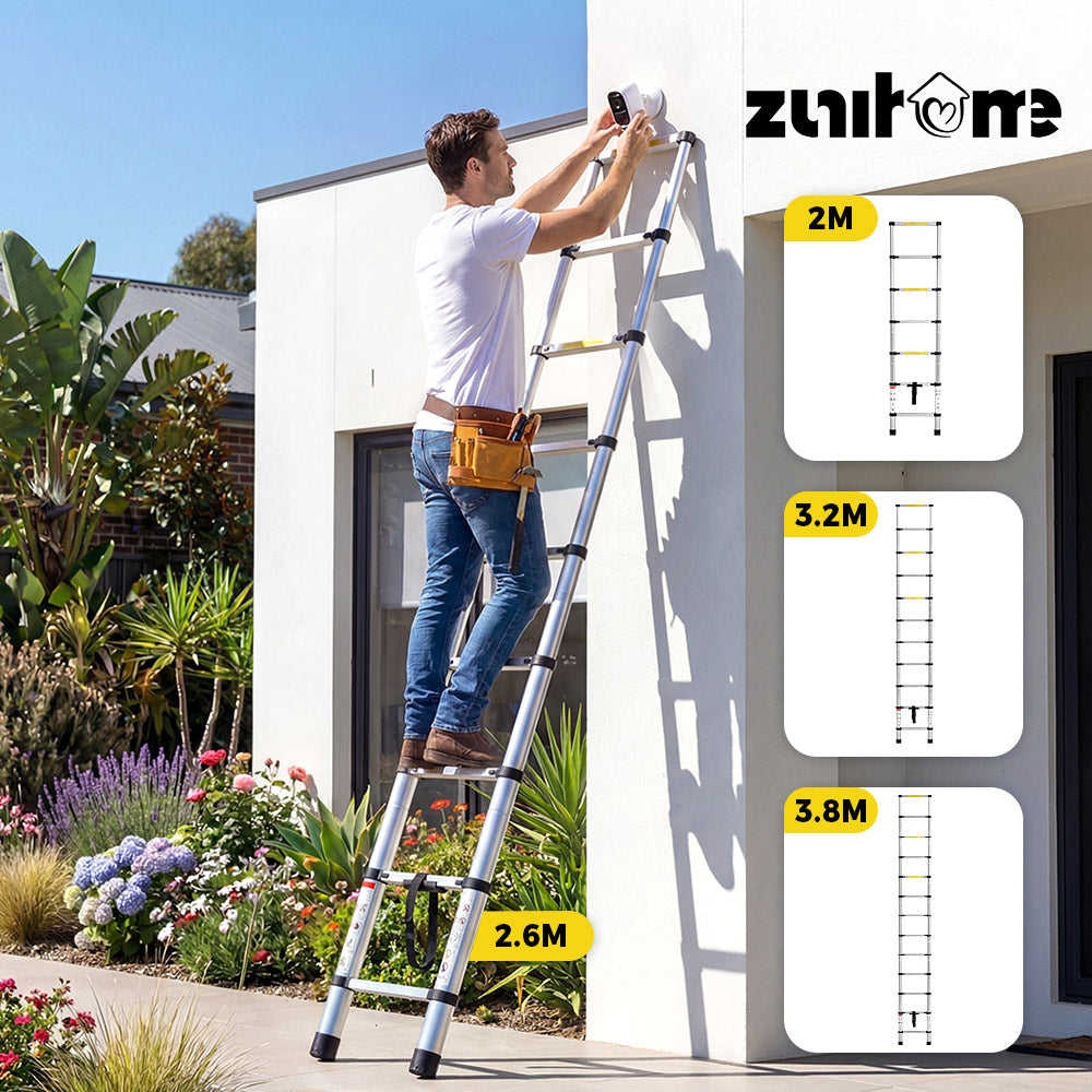 ZUNI 2/2.6/3.2/3.8M Telescopic Aluminium Ladder 150kg Load for Home& Work - Sunyee