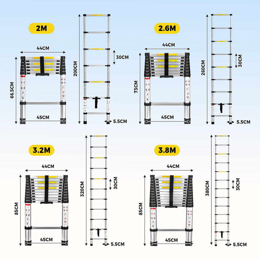 ZUNI 2/2.6/3.2/3.8M Telescopic Aluminium Ladder 150kg Load for Home& Work - Sunyee