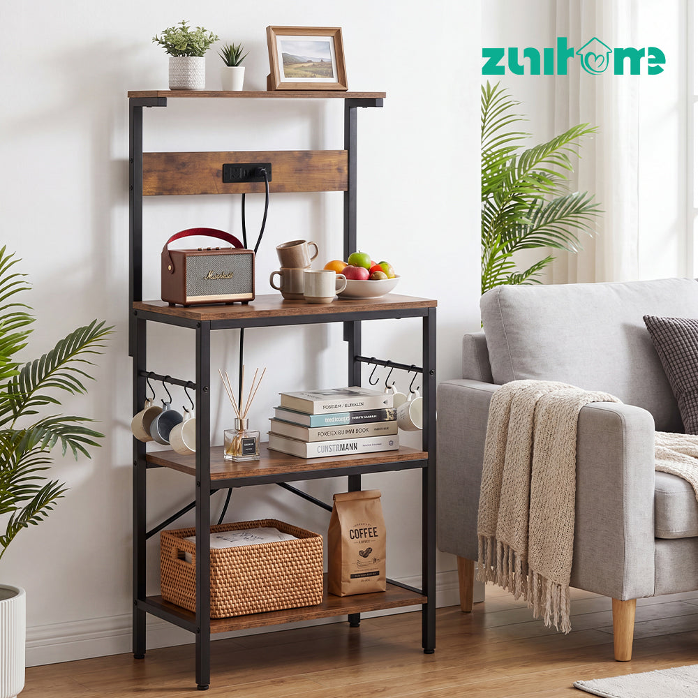 ZUNI Kitchen Bakers Rack with Power Outlet For Living Room Brown