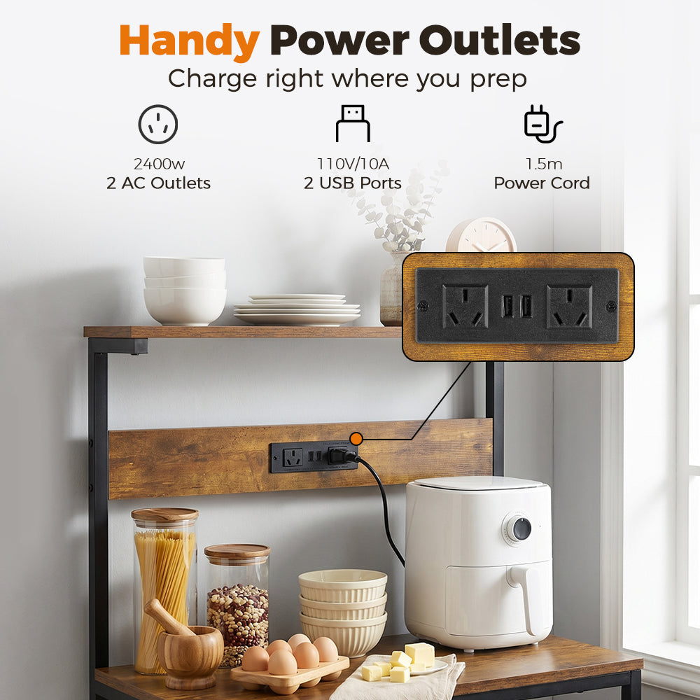 ZUNI Kitchen Bakers Rack with Power Outlet For Living Room Brown
