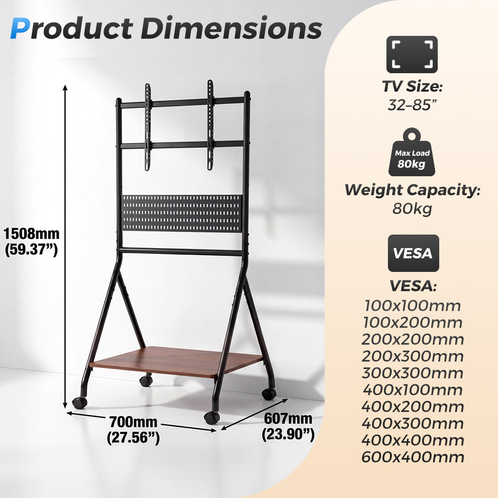 ZUNI Rolling TV Stand with Pegboard and Shelf Storage for 32–85” TVs up to 80 kg - Sunyee